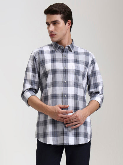 Grey & White Checked Slim Fit Casual Shirt | JadeBlue