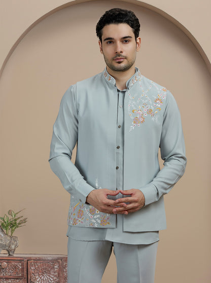 Grey Embroidered Kurta Pajama with Koti | Virasana