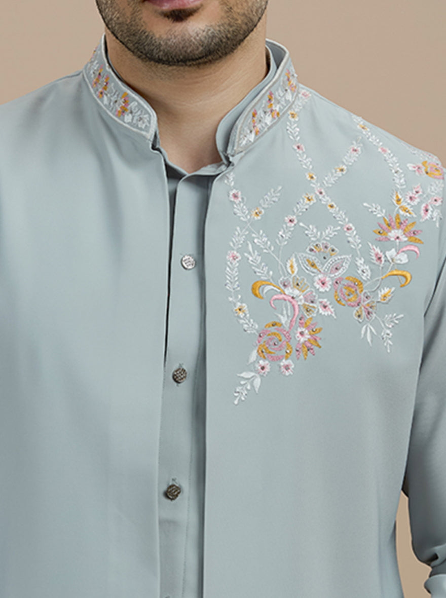 Grey Embroidered Kurta Pajama with Koti | Virasana