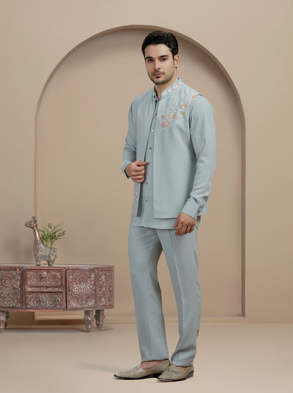 Grey Embroidered Kurta Pajama with Koti | Virasana
