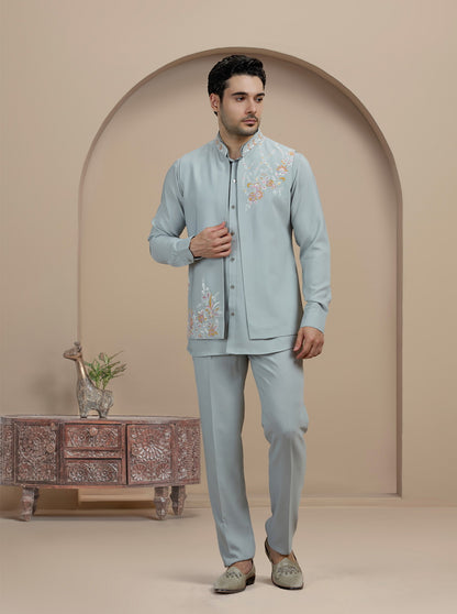 Grey Embroidered Kurta Pajama with Koti | Virasana