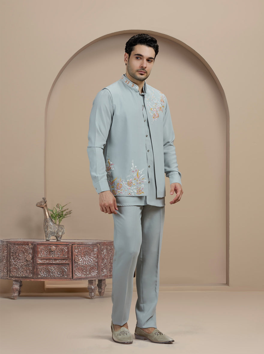 Grey Embroidered Kurta Pajama with Koti | Virasana