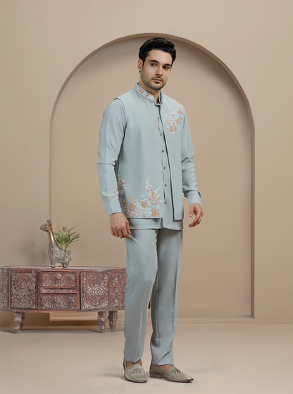 Grey Embroidered Kurta Pajama with Koti | Virasana