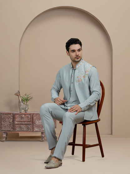 Grey Embroidered Kurta Pajama with Koti | Virasana