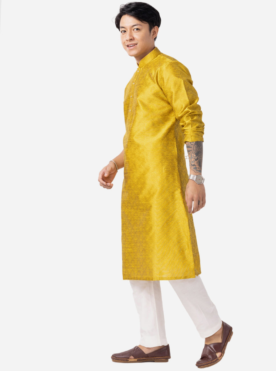 Yellow Printed Cotton Silk Blend Kurta | The Kurta Company