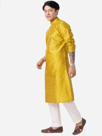 Yellow Printed Cotton Silk Blend Kurta | The Kurta Company