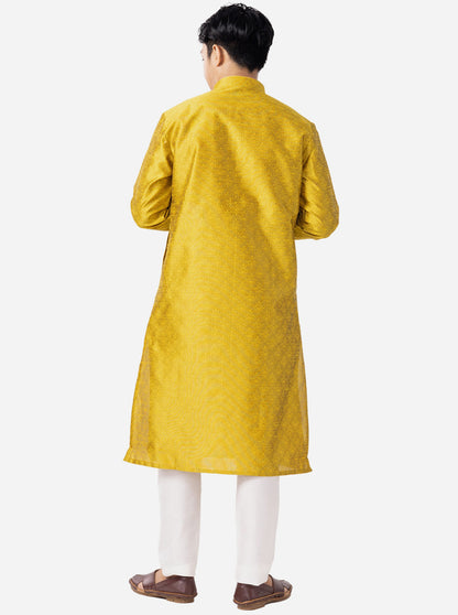 Yellow Printed Cotton Silk Blend Kurta | The Kurta Company