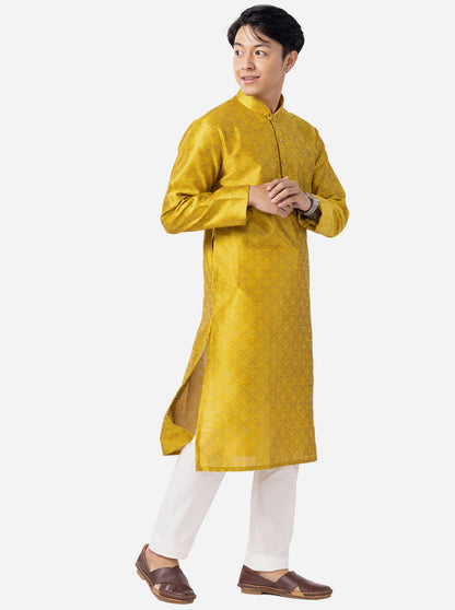 Yellow Printed Cotton Silk Blend Kurta | The Kurta Company