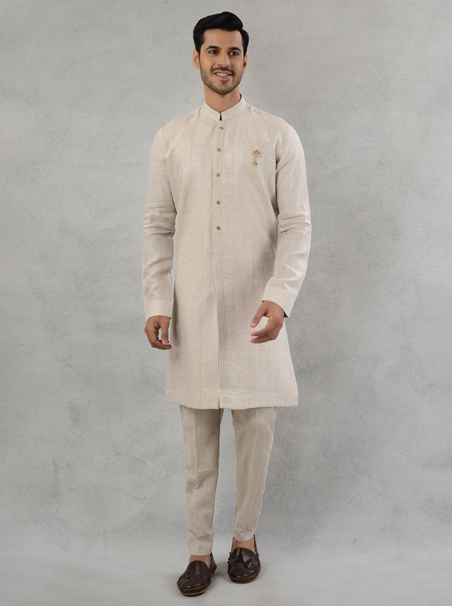 TULA Men's Linen Kurta Pajama Self Design Natural Beige Open