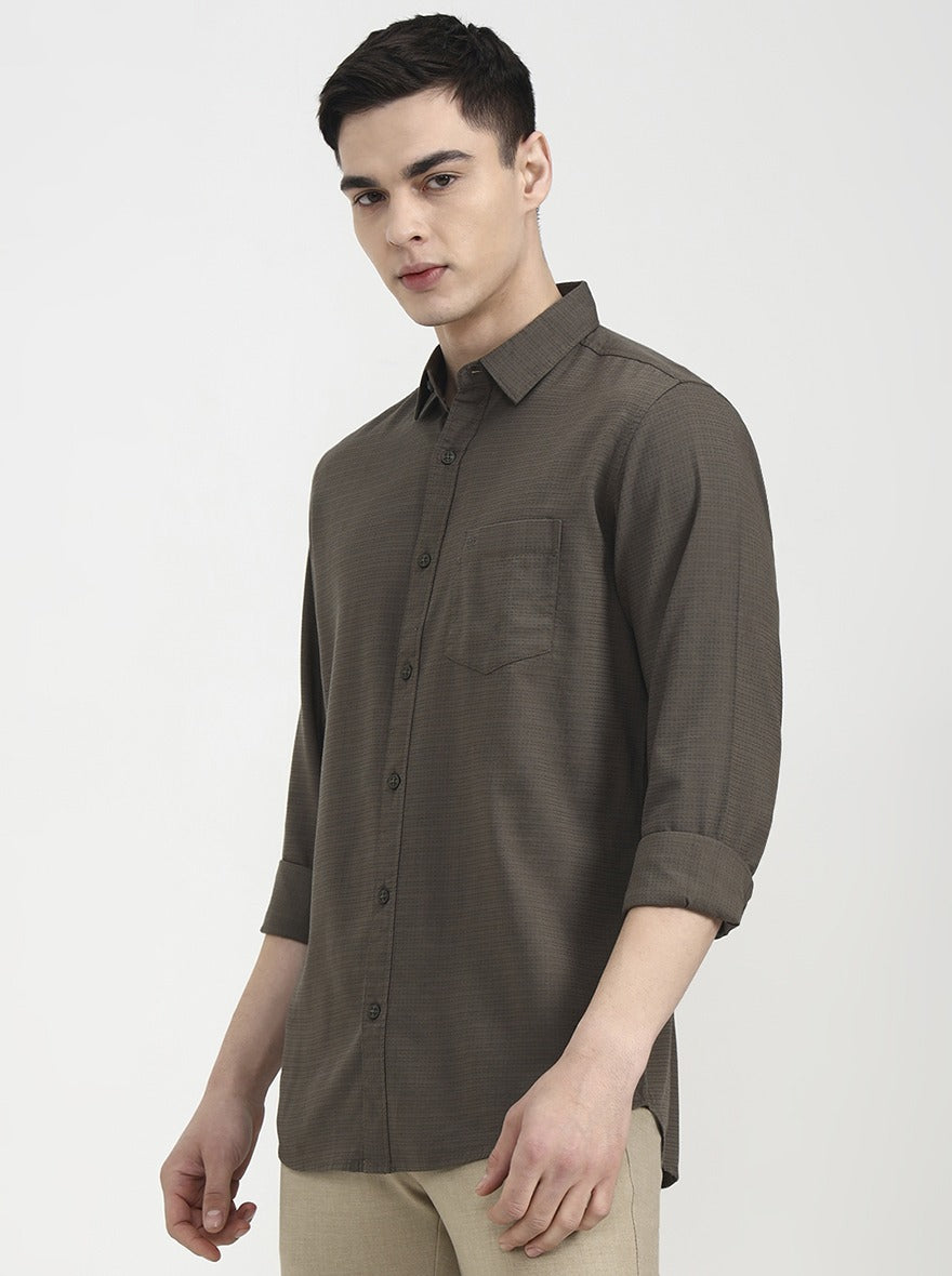 Dark Olive Solid Slim Fit Casual Shirt | JadeBlue