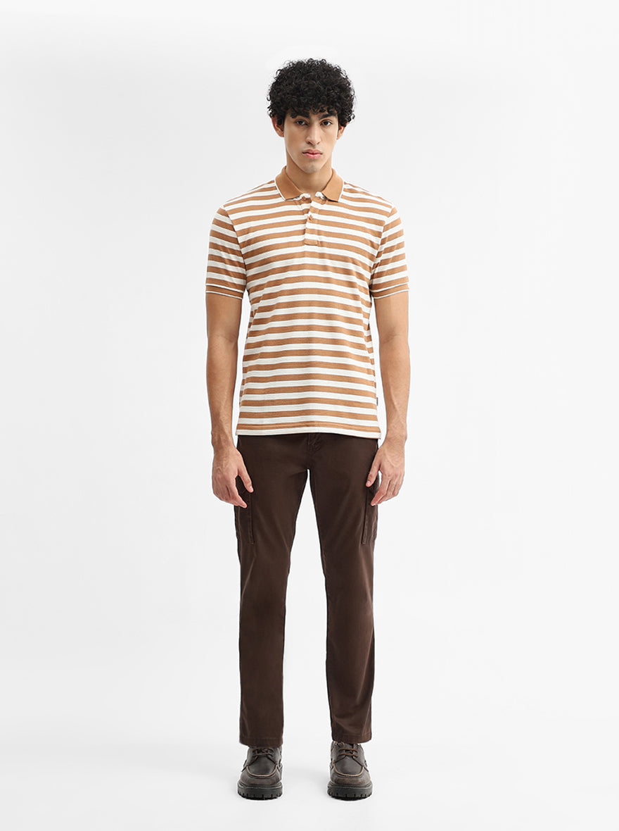 Mustard & White Striped Slim Fit Polo T-Shirt | Greenfibre