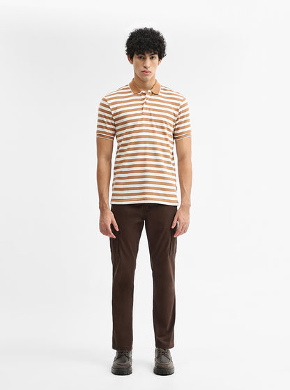 Mustard & White Striped Slim Fit Polo T-Shirt | Greenfibre