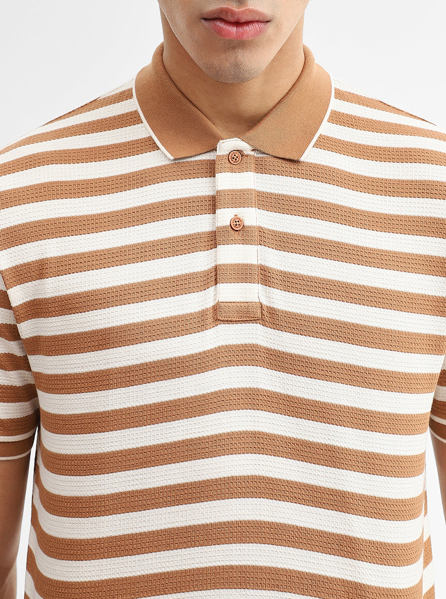 Mustard & White Striped Slim Fit Polo T-Shirt | Greenfibre
