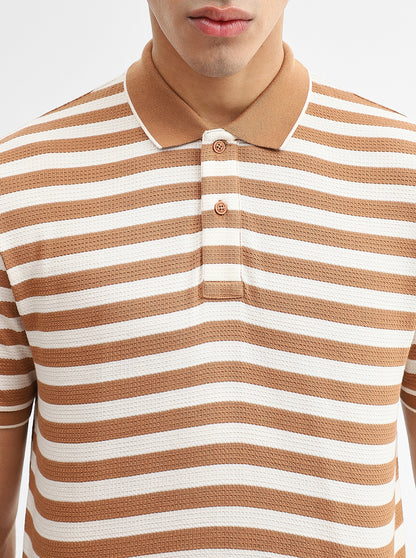 Mustard & White Striped Slim Fit Polo T-Shirt | Greenfibre