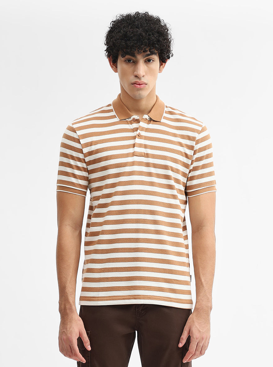 Mustard & White Striped Slim Fit Polo T-Shirt | Greenfibre