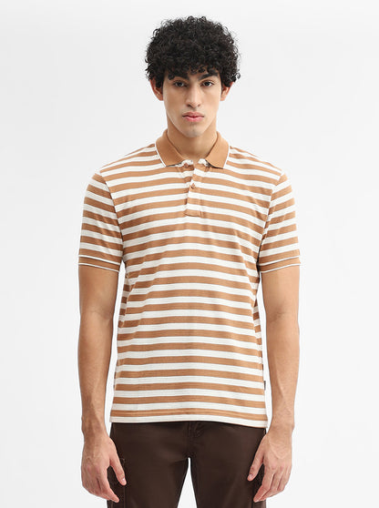 Mustard & White Striped Slim Fit Polo T-Shirt | Greenfibre