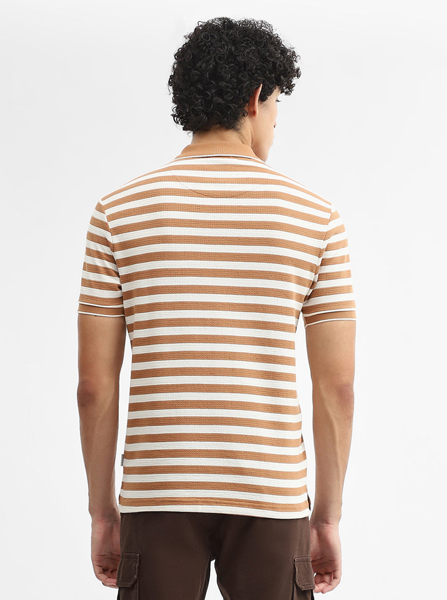Mustard & White Striped Slim Fit Polo T-Shirt | Greenfibre