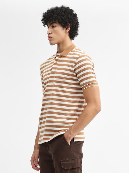 Mustard & White Striped Slim Fit Polo T-Shirt | Greenfibre