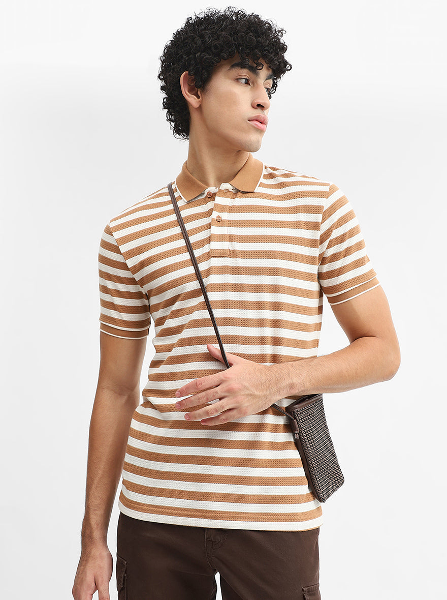 Mustard & White Striped Slim Fit Polo T-Shirt | Greenfibre