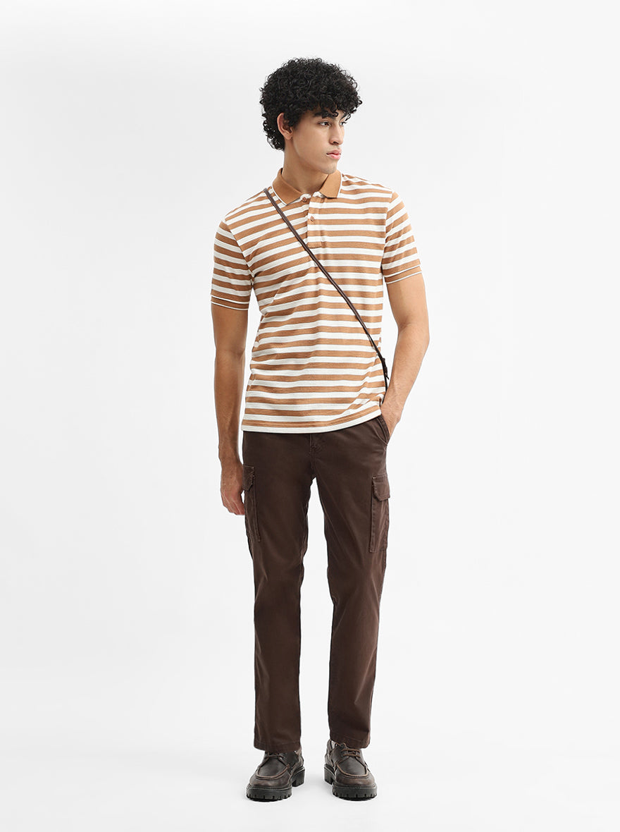 Mustard & White Striped Slim Fit Polo T-Shirt | Greenfibre