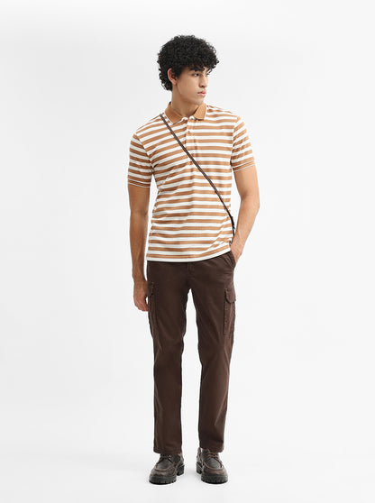 Mustard & White Striped Slim Fit Polo T-Shirt | Greenfibre
