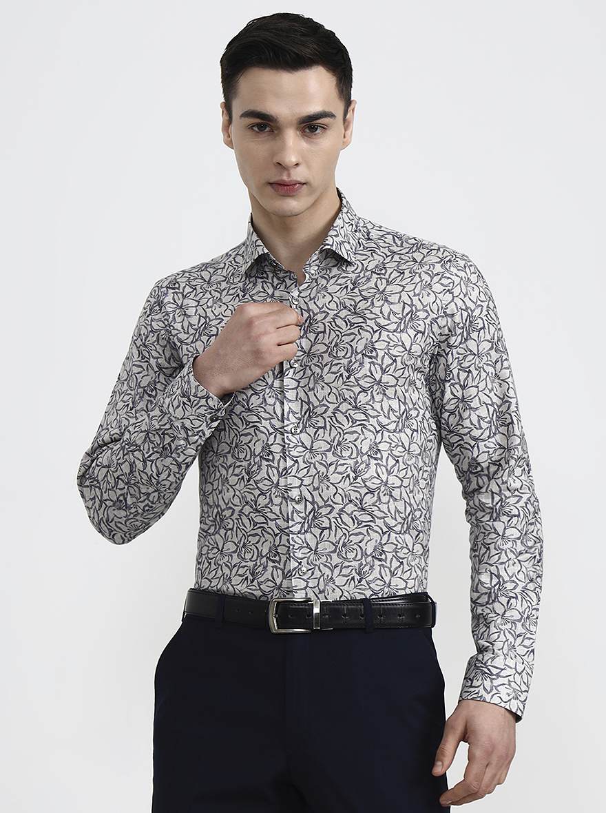 Grey & Blue Printed Regular Fit Party Wear Shirt | Wyre