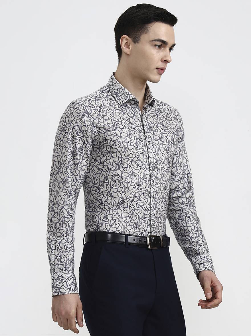 Grey & Blue Printed Regular Fit Party Wear Shirt | Wyre