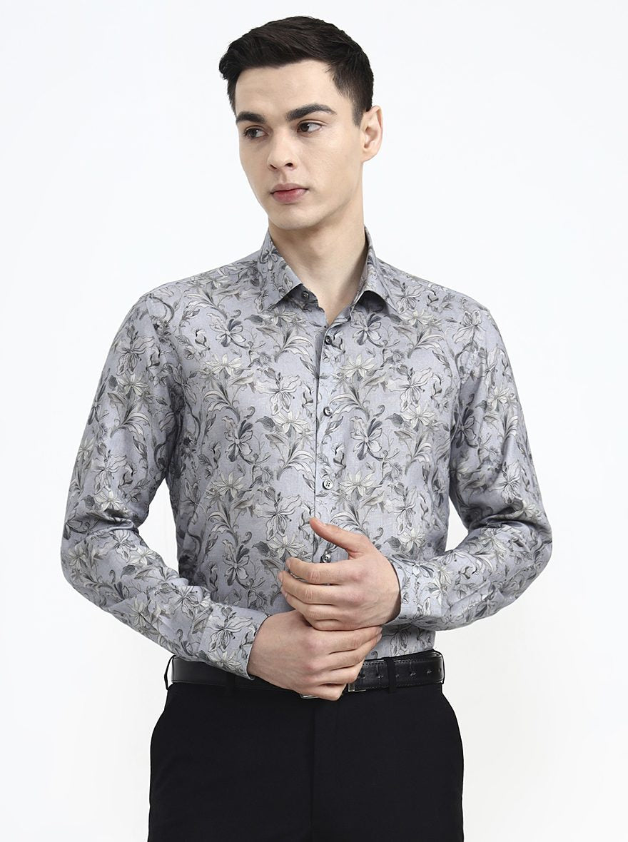 Blue & Grey Printed Slim Fit Party Wear Shirt | Wyre