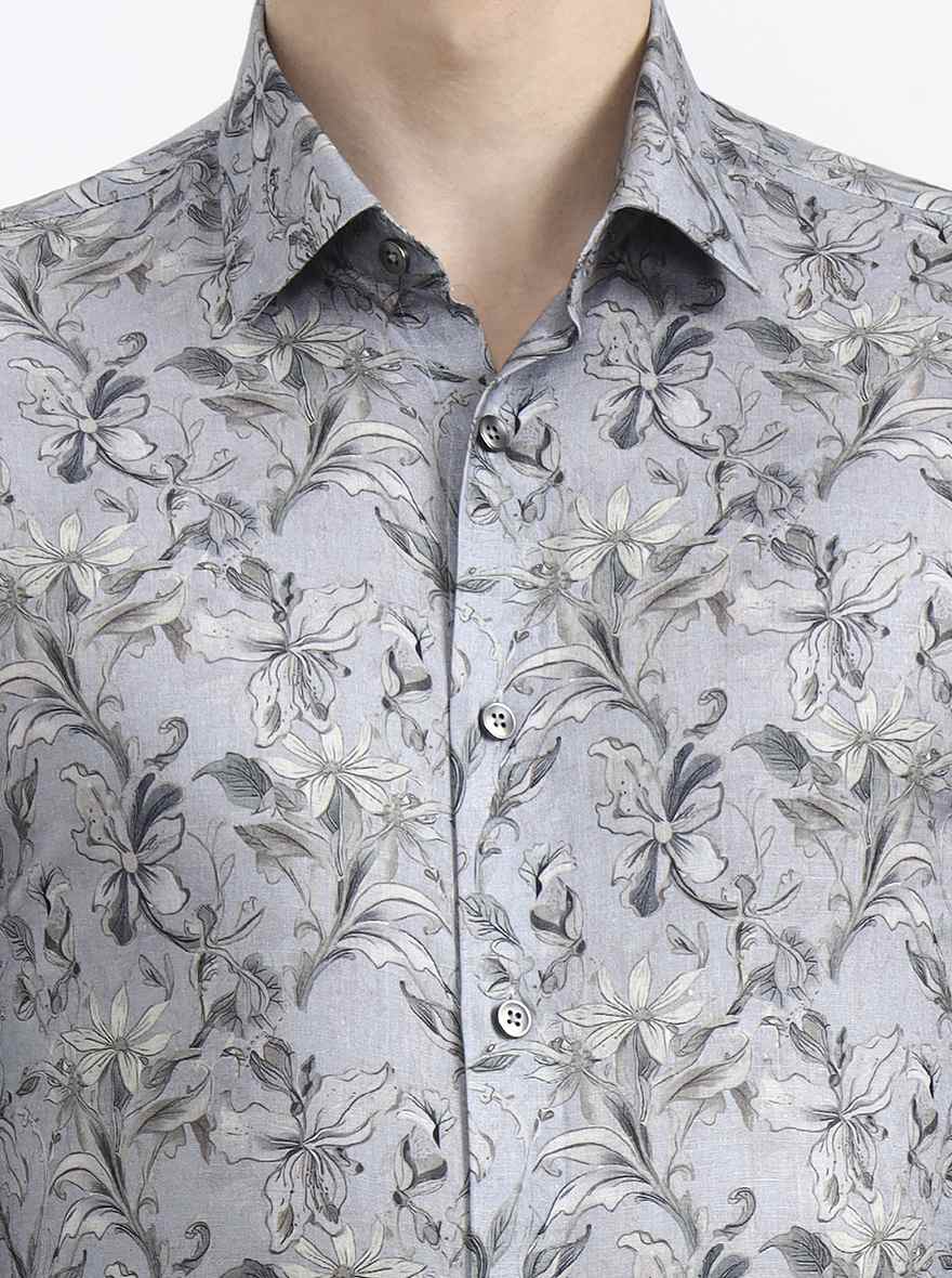 Blue & Grey Printed Slim Fit Party Wear Shirt | Wyre