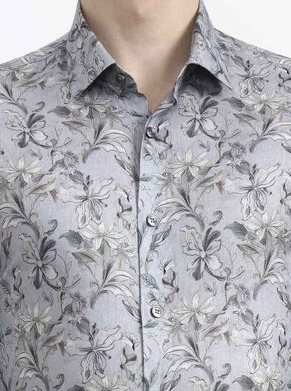 Blue & Grey Printed Slim Fit Party Wear Shirt | Wyre