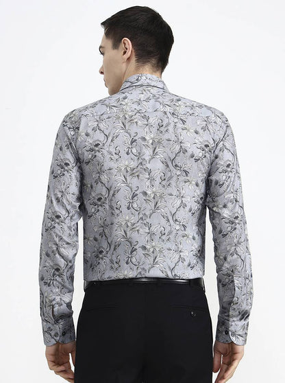 Blue & Grey Printed Slim Fit Party Wear Shirt | Wyre