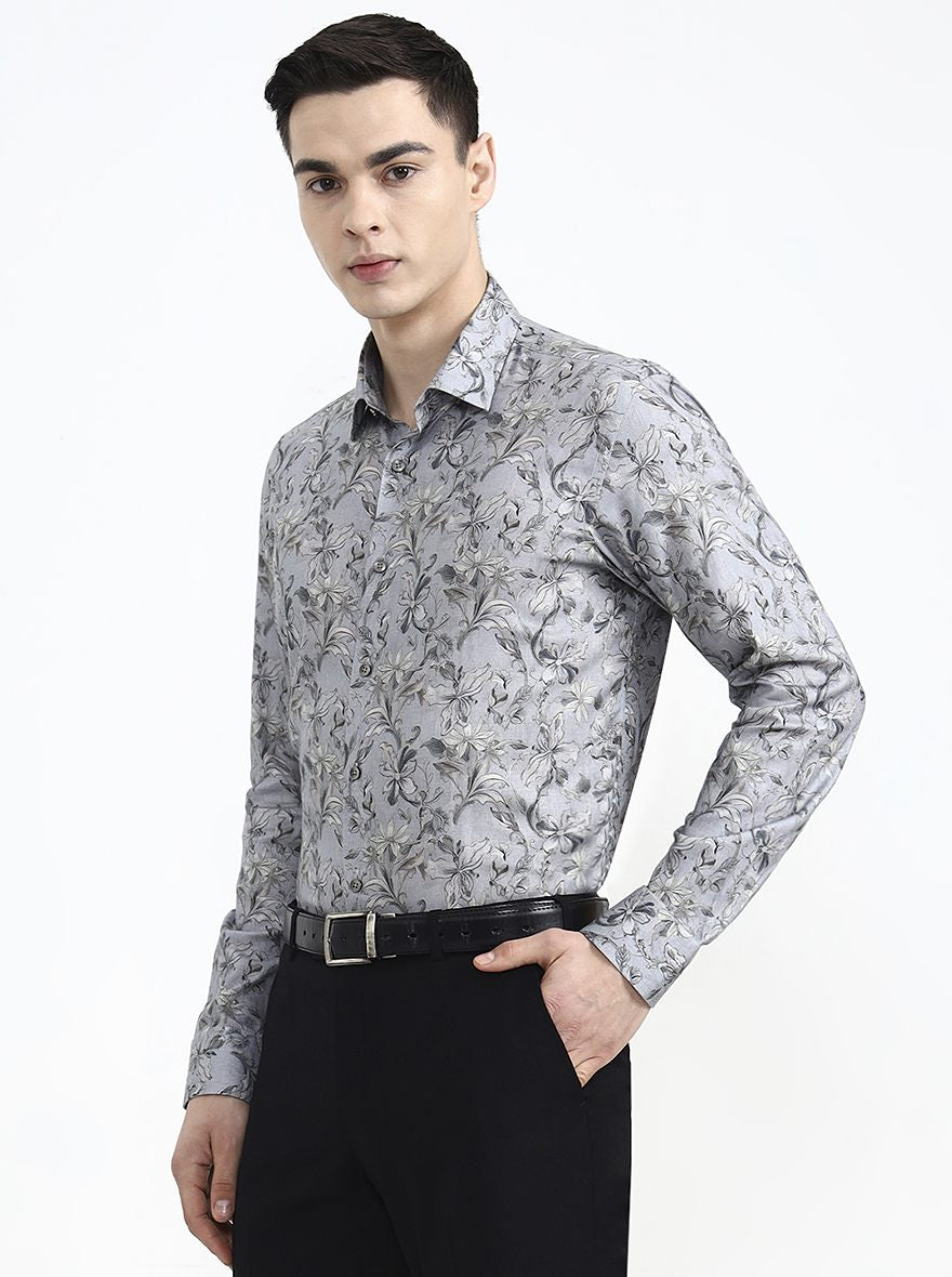 Blue & Grey Printed Slim Fit Party Wear Shirt | Wyre