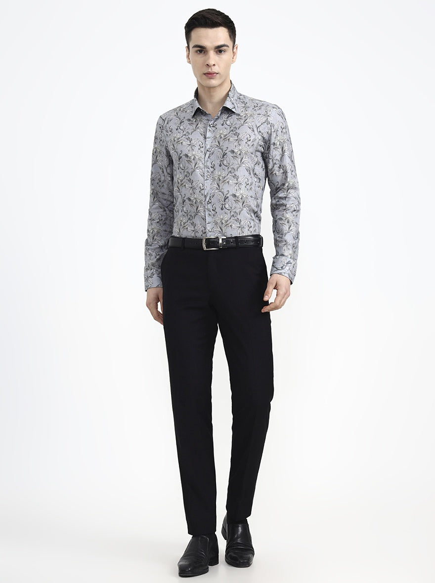 Blue & Grey Printed Slim Fit Party Wear Shirt | Wyre