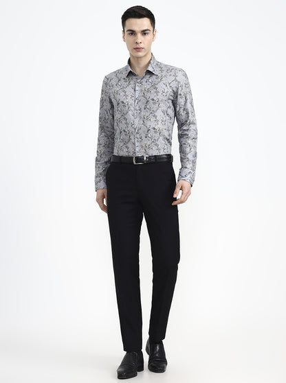 Blue & Grey Printed Slim Fit Party Wear Shirt | Wyre