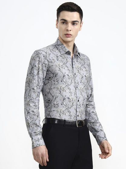 Blue & Grey Printed Slim Fit Party Wear Shirt | Wyre