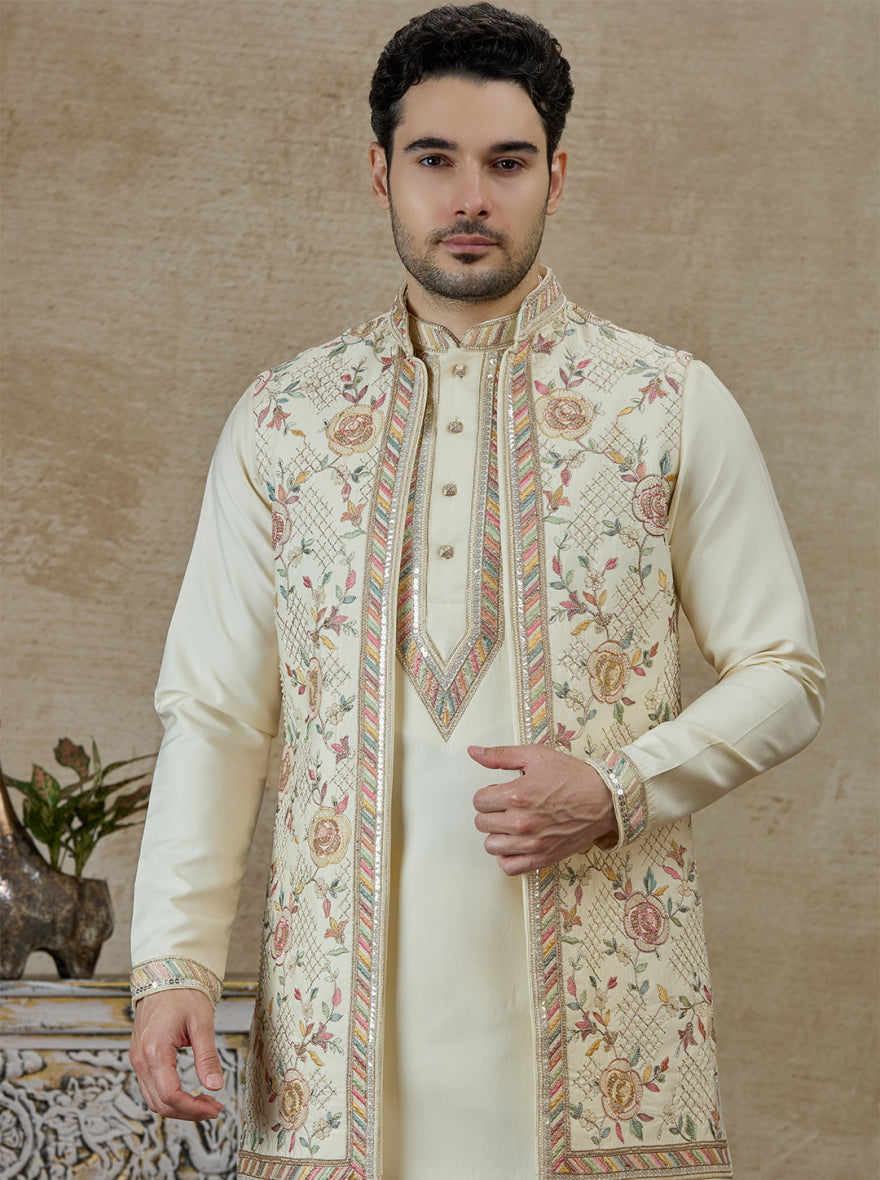 Cream Embroidered Kurta Pajama with Koti | TULA
