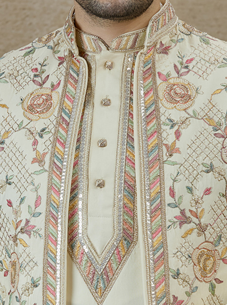 Cream Embroidered Kurta Pajama with Koti | TULA