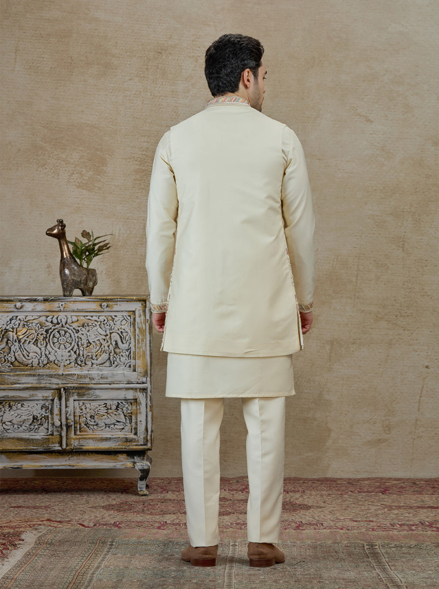 Cream Embroidered Kurta Pajama with Koti | TULA