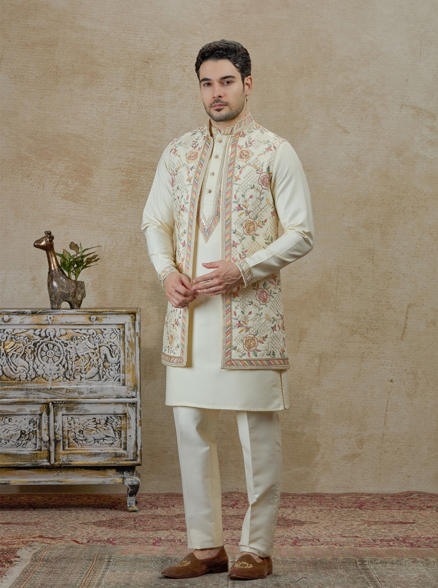 Cream Embroidered Kurta Pajama with Koti | TULA