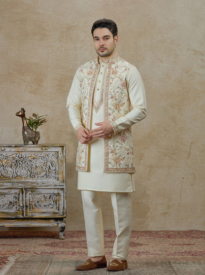 Cream Embroidered Kurta Pajama with Koti | TULA