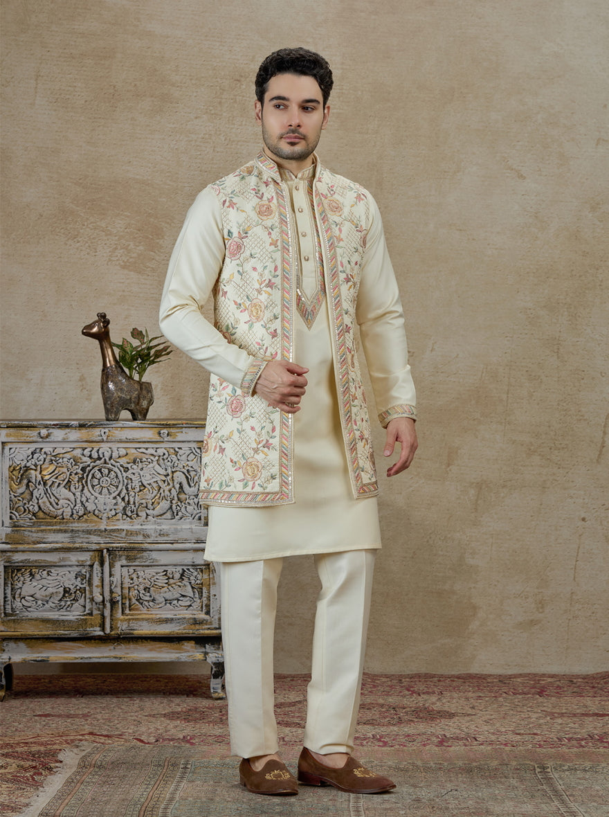 Cream Embroidered Kurta Pajama with Koti | TULA