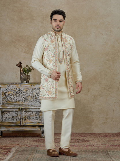Cream Embroidered Kurta Pajama with Koti | TULA