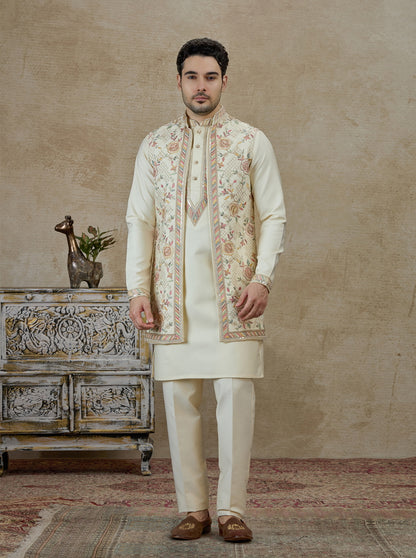 Cream Embroidered Kurta Pajama with Koti | TULA