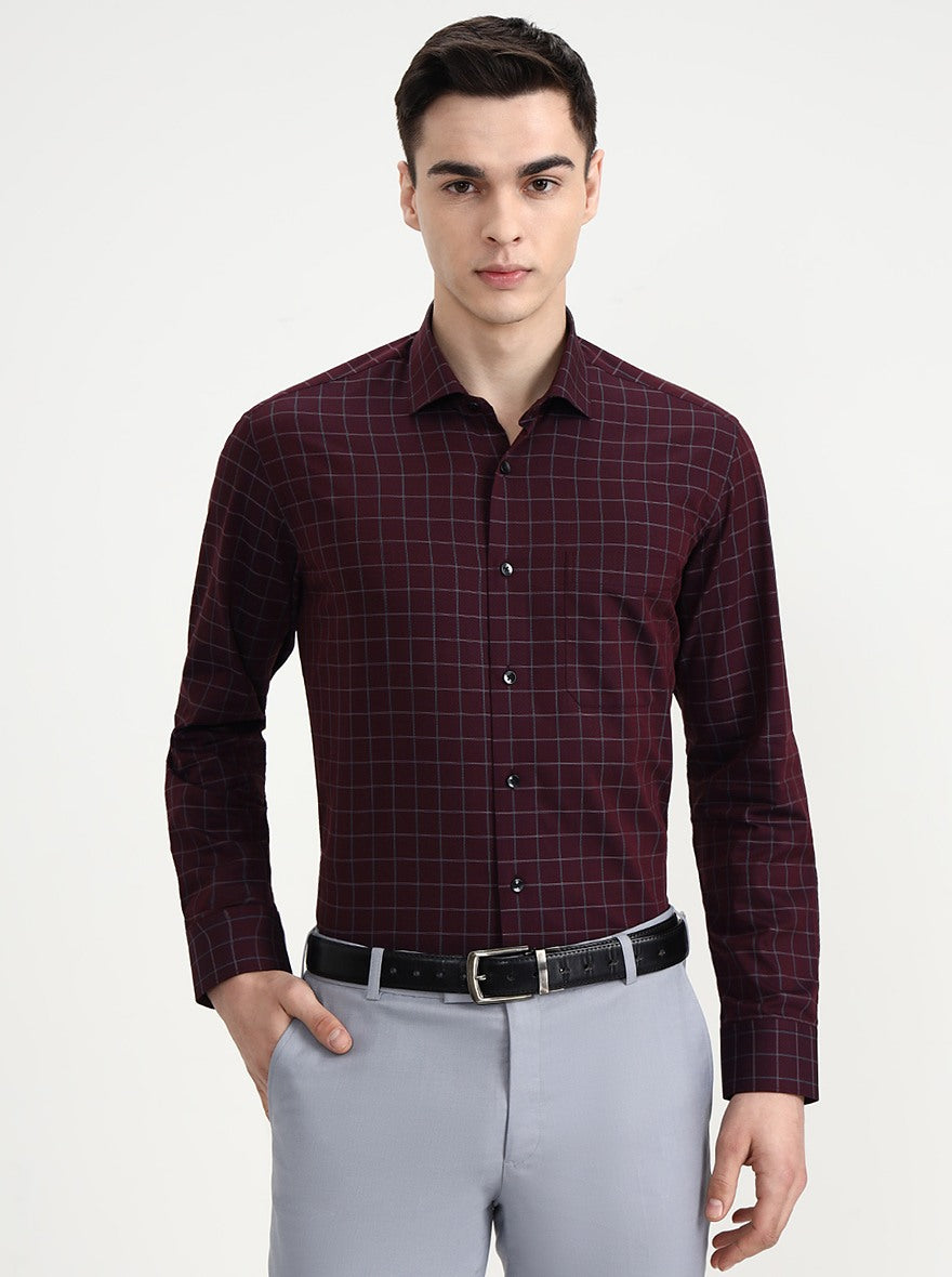 Maroon Checked Slim Fit Formal Shirt | Metal
