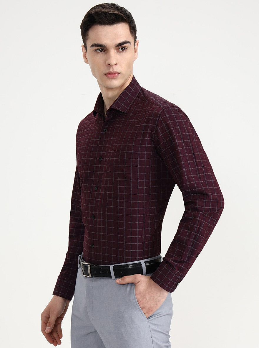Maroon Checked Slim Fit Formal Shirt | Metal