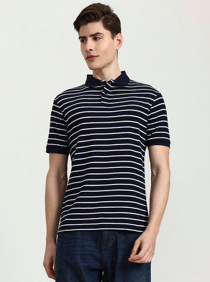 Navy Blue & White Striped Slim Fit Polo T-Shirt | Greenfibre
