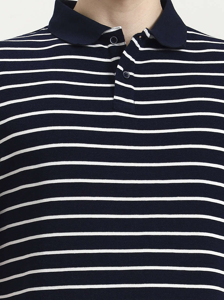Navy Blue & White Striped Slim Fit Polo T-Shirt | Greenfibre