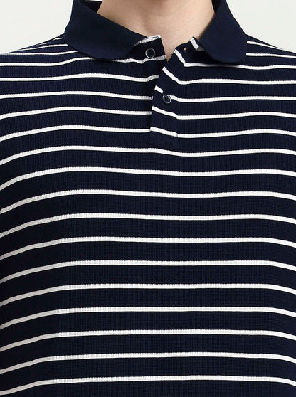 Navy Blue & White Striped Slim Fit Polo T-Shirt | Greenfibre