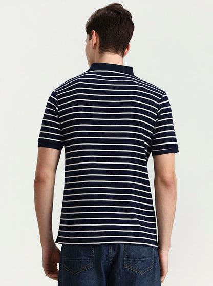Navy Blue & White Striped Slim Fit Polo T-Shirt | Greenfibre