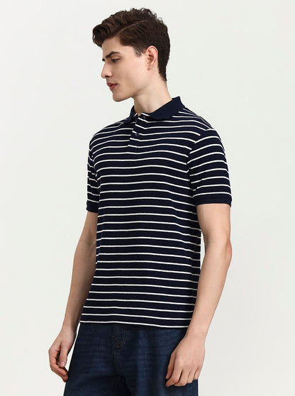 Navy Blue & White Striped Slim Fit Polo T-Shirt | Greenfibre